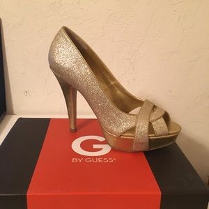 G by Guess Carlina Gold Glitter Peep Toe Pumps